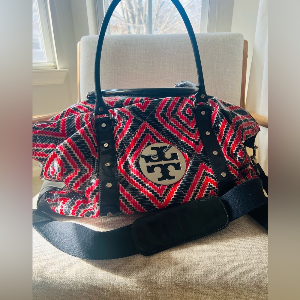 Tory Burch Geometric Red and Black Duffle Bag